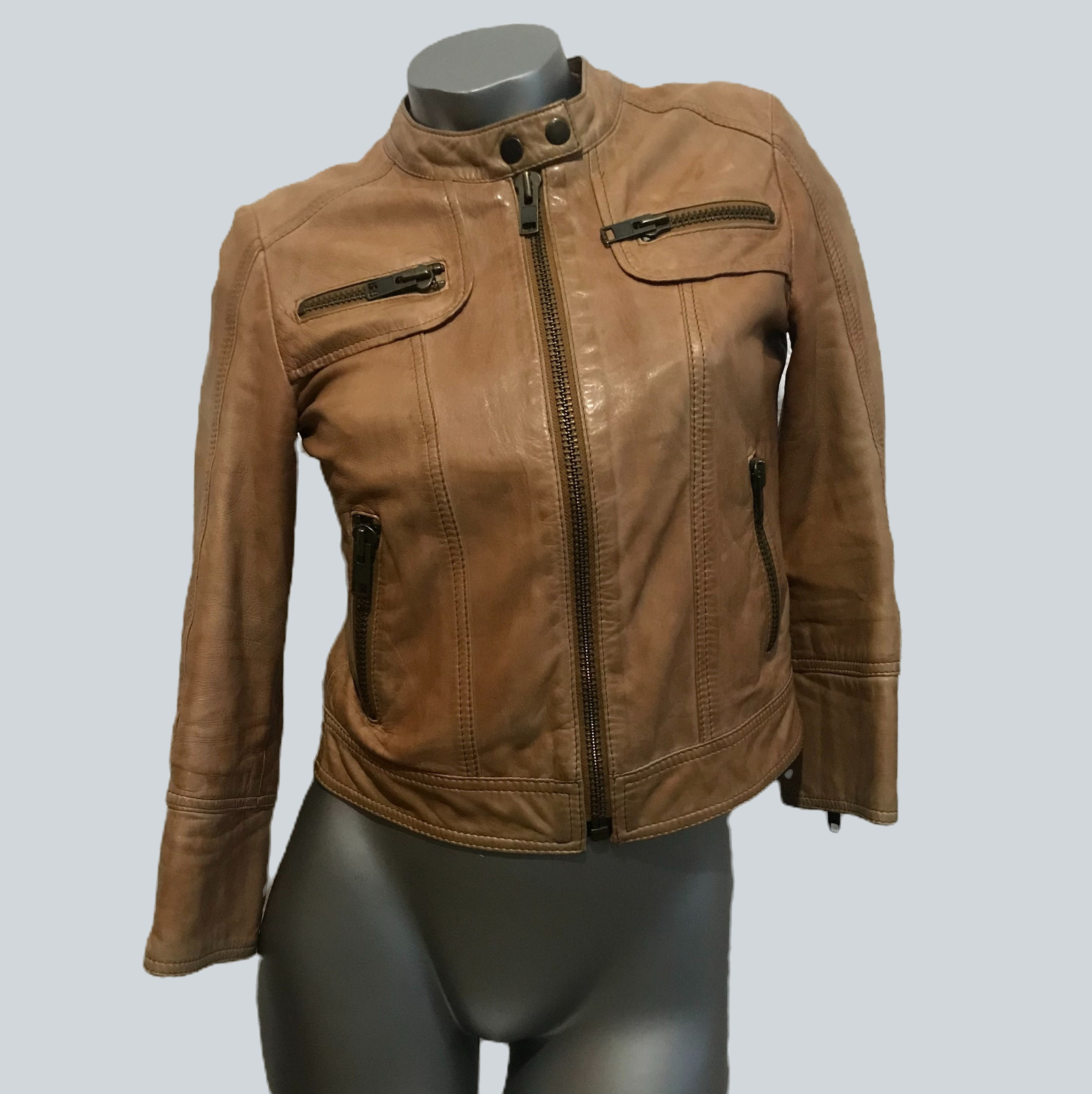 Women's Brown Cafe Racer Retro Motorcycle Leather Jacket main