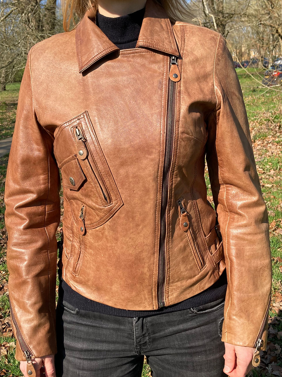 Women’s Brown Leather Biker Jacket Size - 12 front zipped