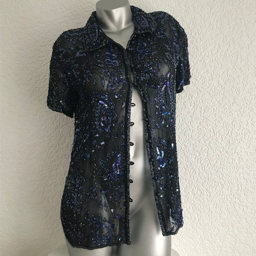 Black Viscose Sheer With Blue Sequin Swirl and Beads Blouse main