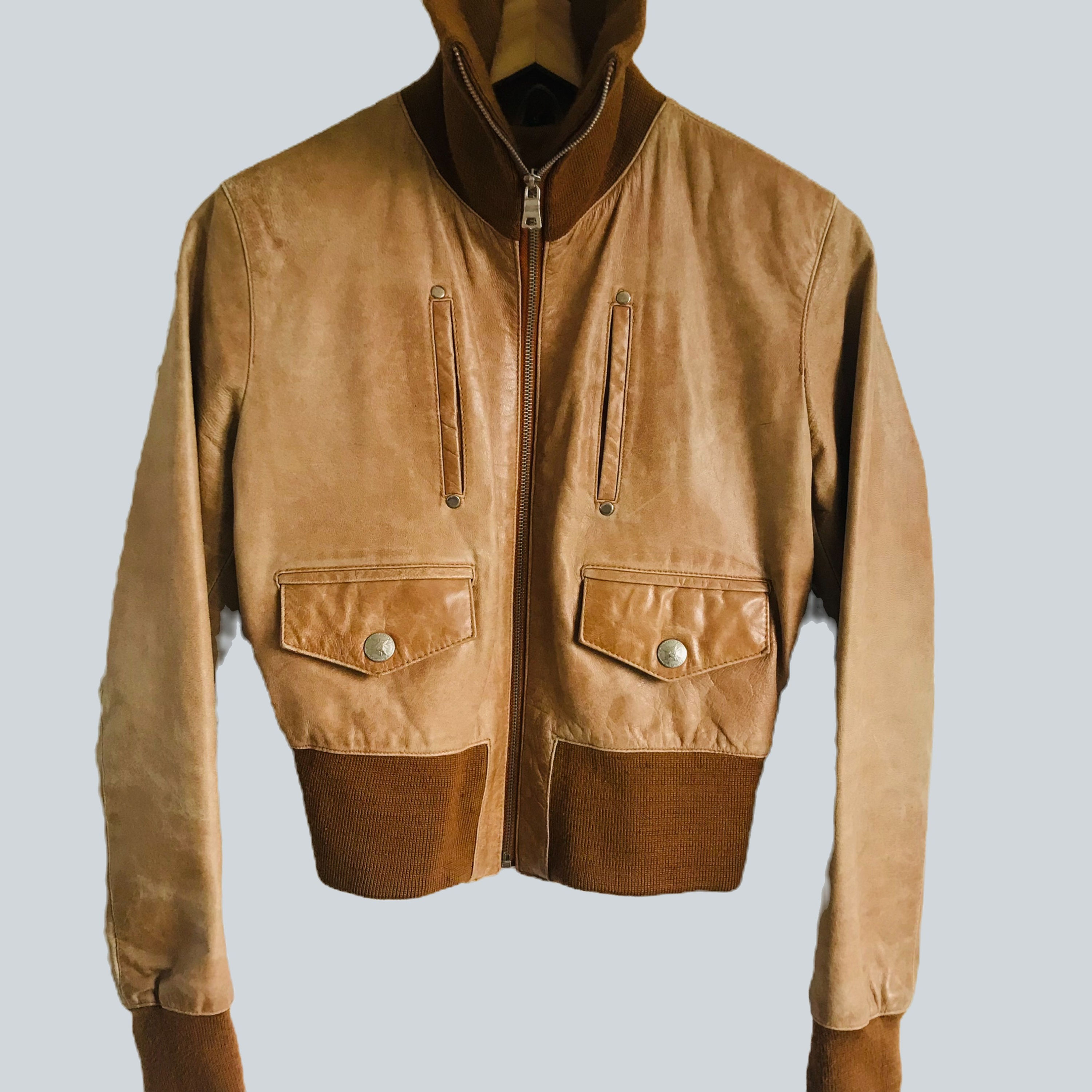 Woman's Tan Leather Bomber Jacket main