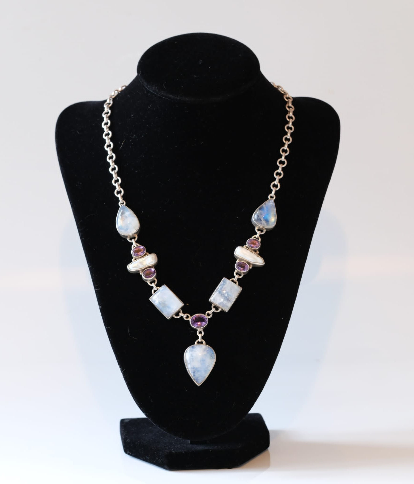 Silver 925 Teardrop Graduated Necklace Moonstone, Amethyst, Biwa Pearl