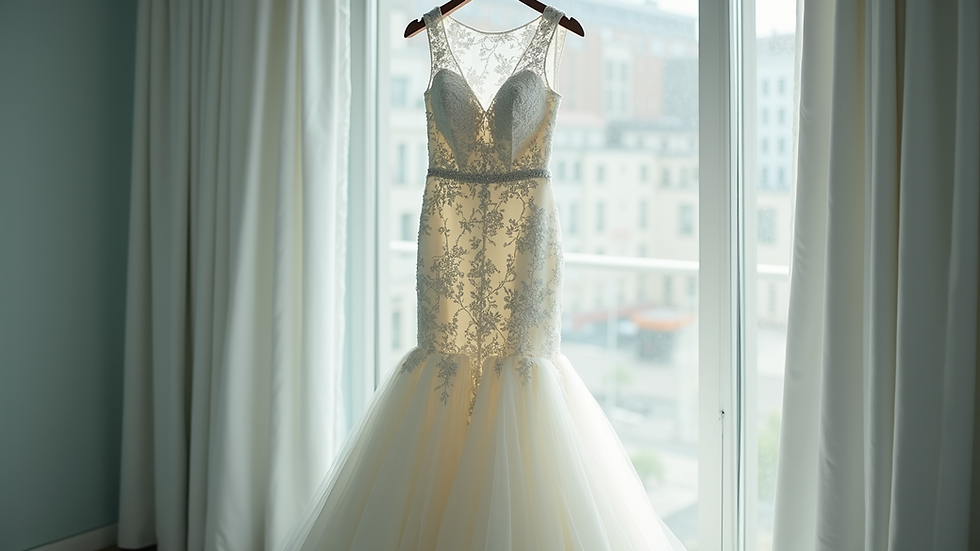 High angle view of a bridal dress in a professional cleaning setup