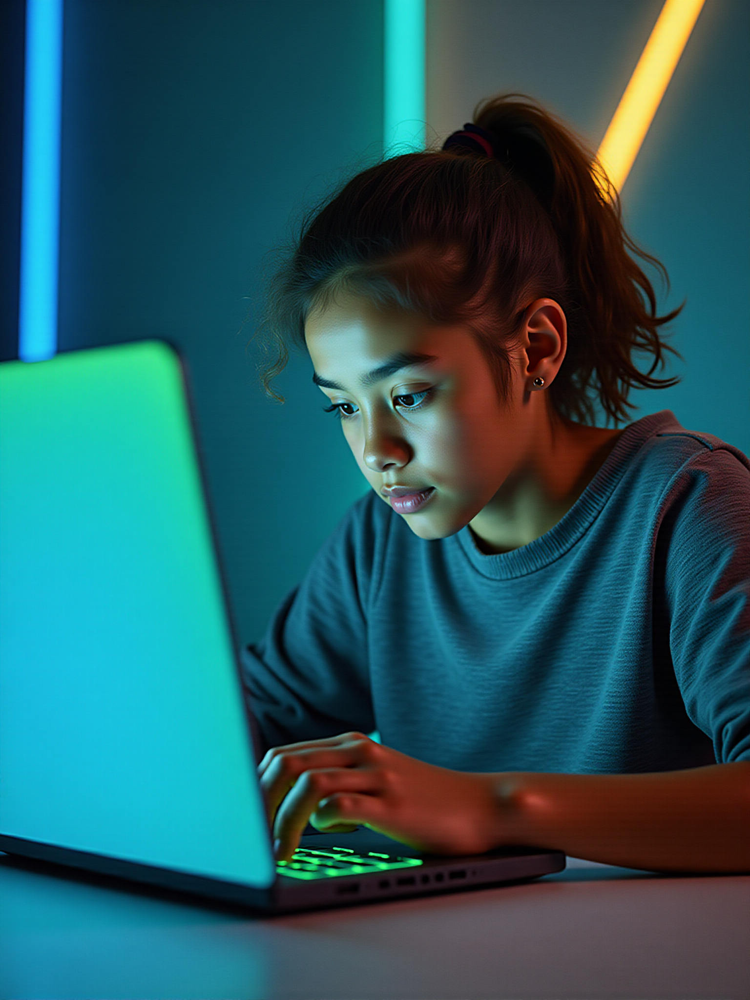 Focused girl coding on laptop