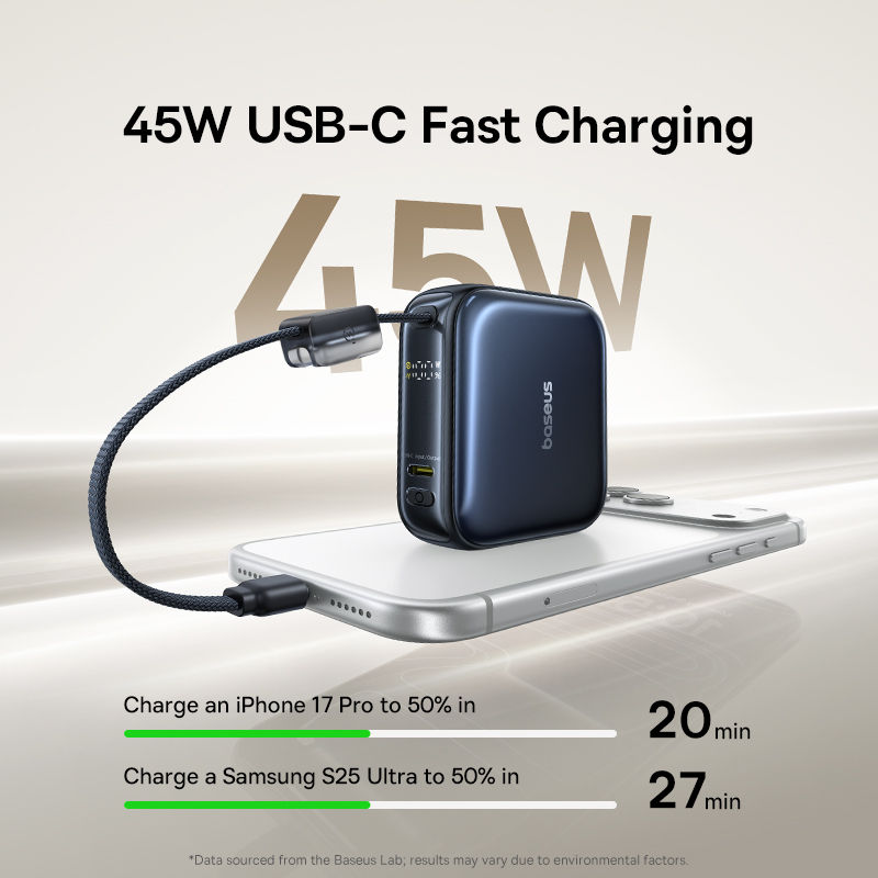 Thumbnail: Baseus 45W Mini Power Bank 10000mAh Built-In USB-C Cable Pocket-Sized Smaller Fa