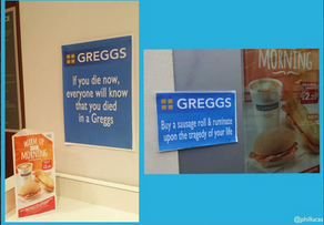 Two signs in Greggs