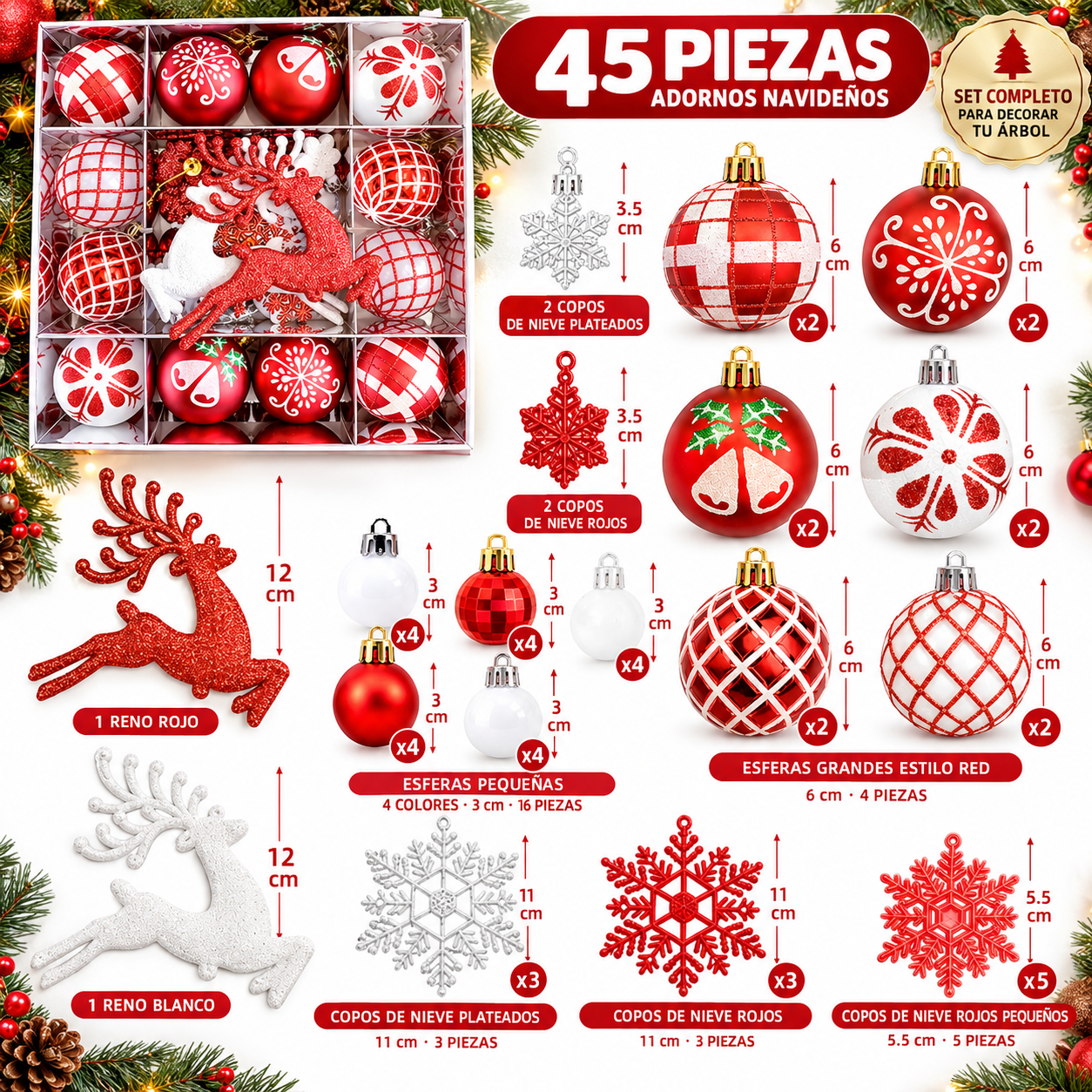 Bolas De Navidad Rojas Y Doradas Set De Adornos Para Árbol