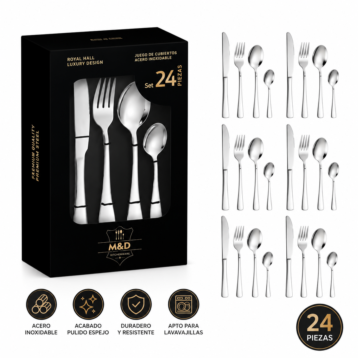 Set Cubiertos Acero Inoxidable 24 Piezas Premium - plateado