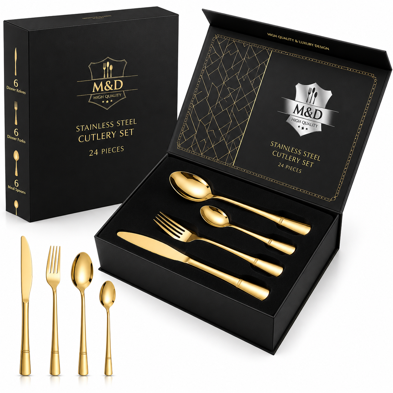 Juego De Cubiertos 24 Piezas Acero Inoxidable Premium dorado