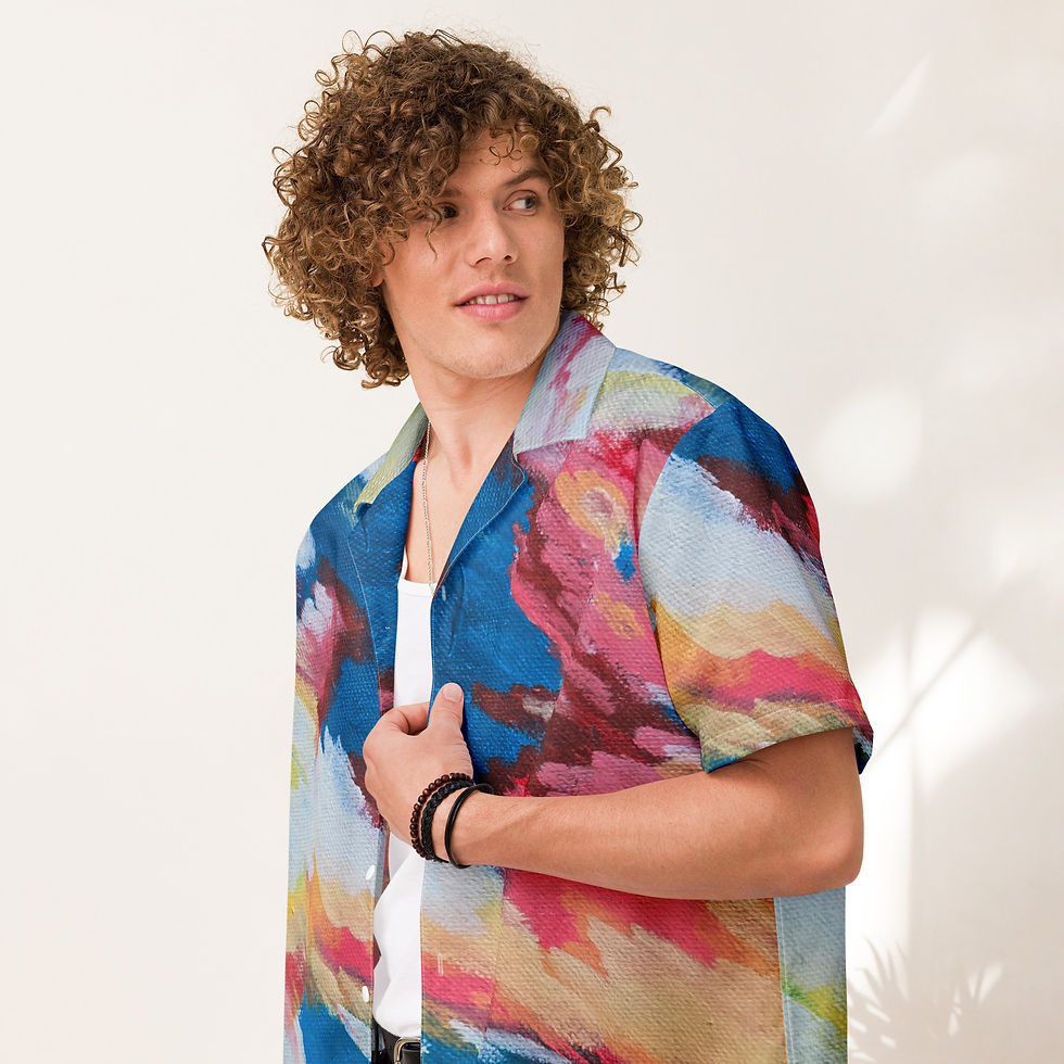 Thumbnail: Model in abstract print shirt