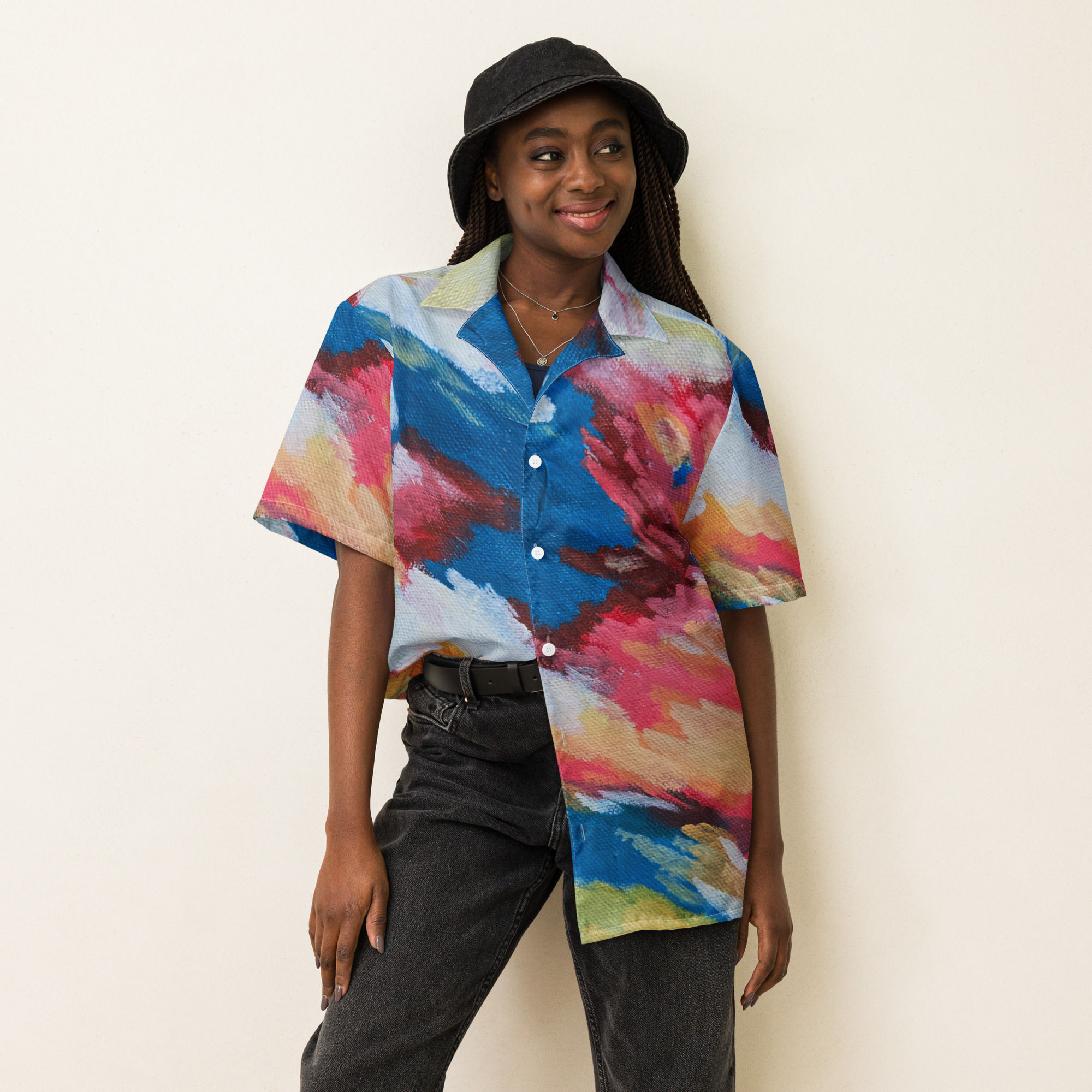 Woman in abstract print shirt