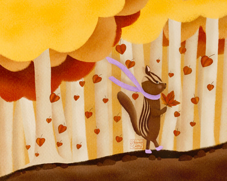 a chipmunk with a purple scarf walking through an autumn forest as leaves fall around it. 
