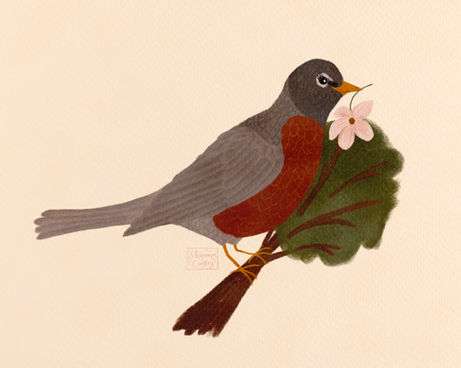 robin holding a pink flower while standing on a branch