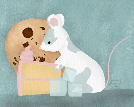 a small blue and white mouse about to steal a piece of cake 