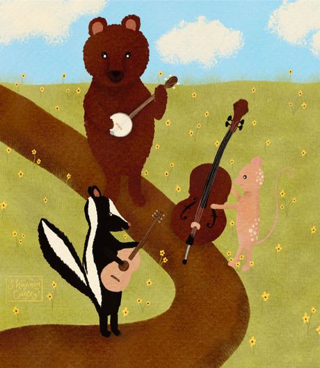 a bear carrying a banjo with a tan spotted mouse holding an upright bass, and a skunk playing the guitar, all walk through a field of yellow daisies under a bright blue sky with puffy white clouds. 