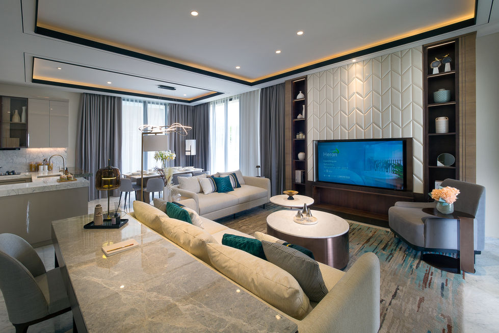 Luxurious master bedroom featuring a neatly made bed, a stylish accent sofa, floor-to-ceiling windows, and warm ambient lighting.