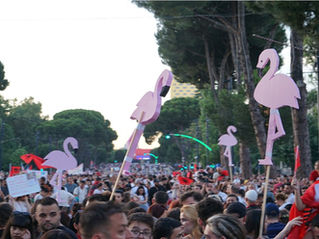 A street filled with protesters, displaying pink flamingo cutouts on sticks and Albanian flags.