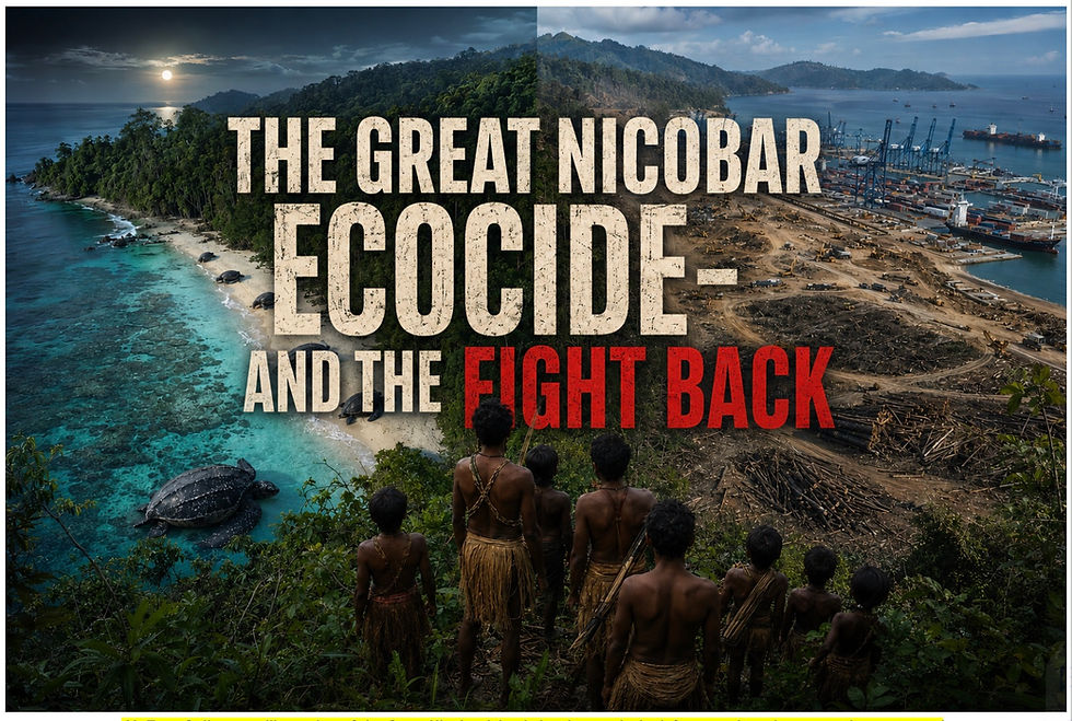 Split-scene illustration of the Great Nicobar Island showing tropical rainforest and nesting sea turtles contrasted with deforestation and port construction, as Shompen Indigenous people watch.