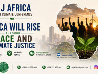 Poster with Africa outline containing people with fists raised, growing plants, sun and a wind turbine. A city and greenery are in the background.