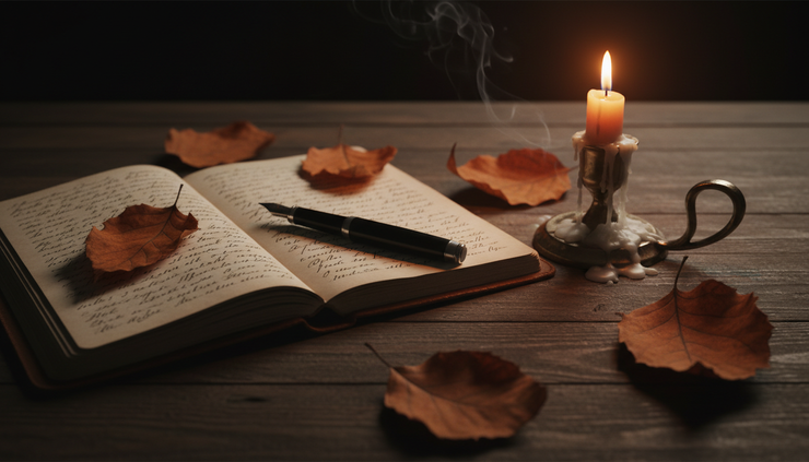 Close-up view of a notebook beside a flickering candle and scattered autumn leaves