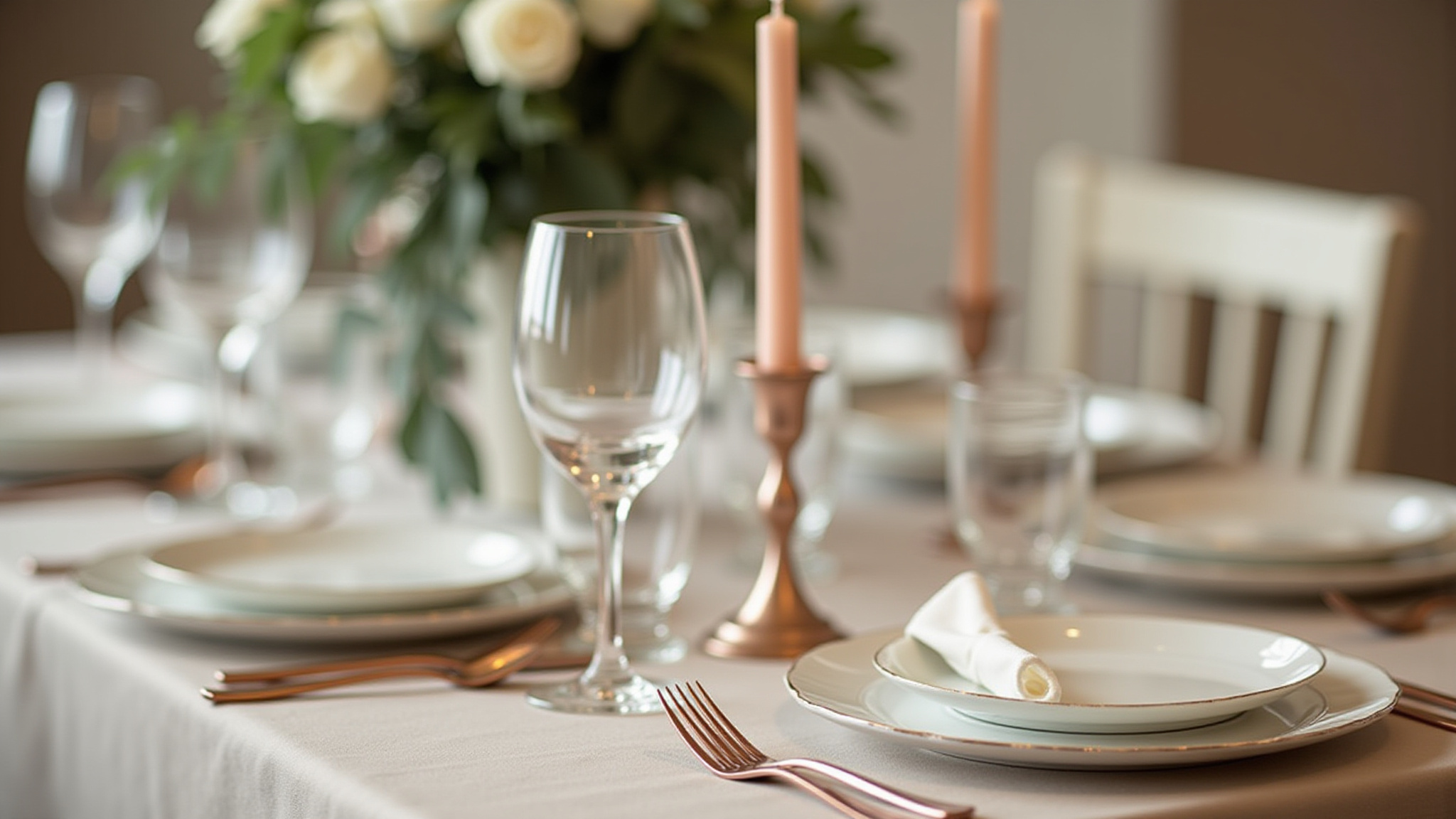 Close-up of an elegant table setting with rose gold flatware, a wine glass, a rolled white napkin on a gold-rimmed plate, and blush pink taper candles in metallic holders on an ivory tablecloth.