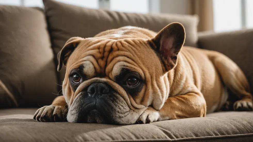 Close-up view of a relaxed bull dog lounging on a sofa