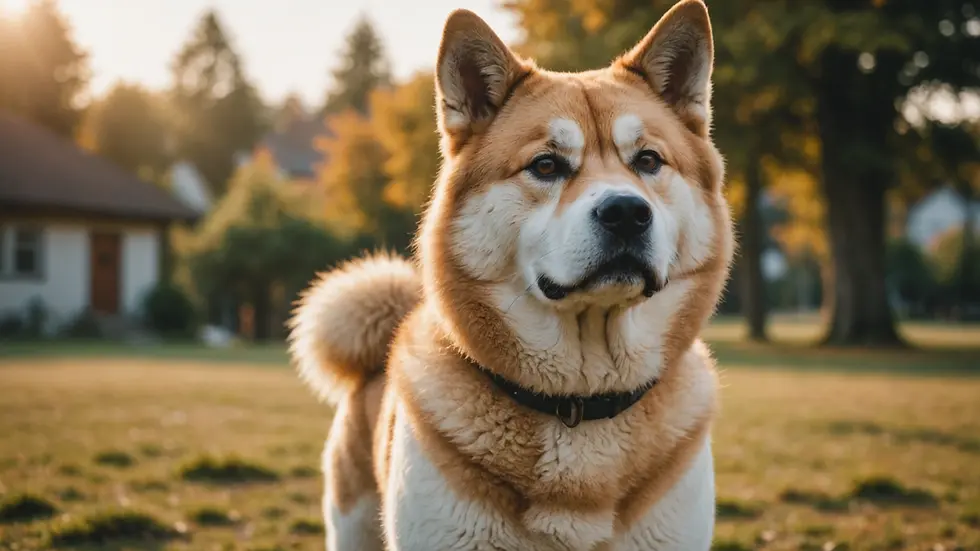 Eye-level view of a proud Akita dog standing outdoors