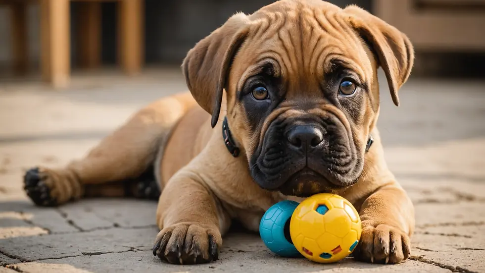 Close-up view of a Boerboel puppy playing with a toy
