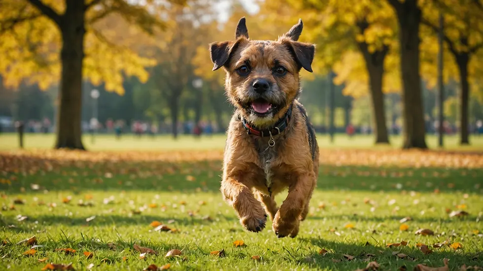 Eye-level view of a Border Terrier running in a park