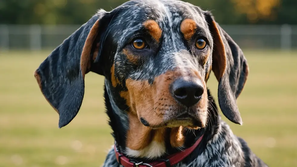 Close-up of a Bluetick Coonhound participating in obedience training
