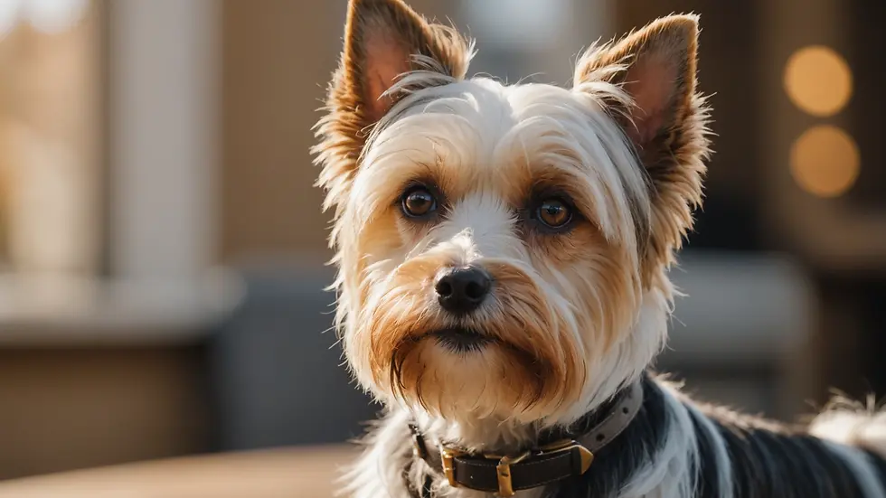 Eye-level view of a groomed Biewer Terrier exhibiting its elegant coat
