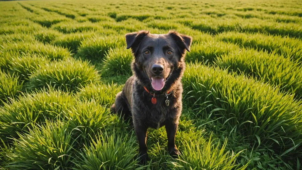 Wide angle view of a Bearder Collin dog in a lush green field