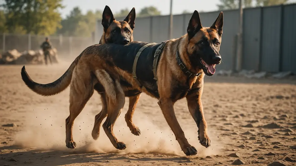 Wide angle view of a Belgian Malinois working during a training exercise