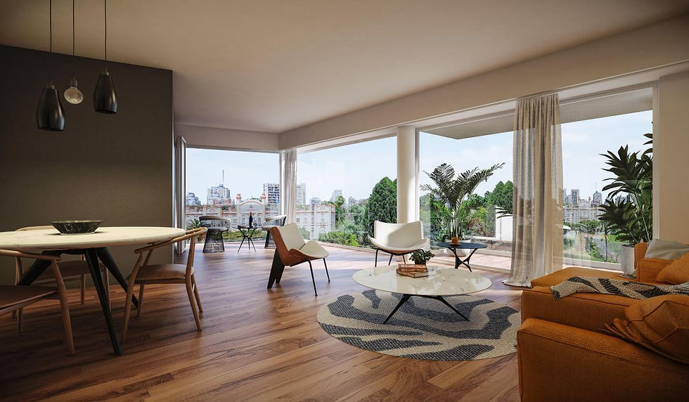 Projeto e planta 3D de loung de roof top de prédio moderno de apartamentos do tipo studio