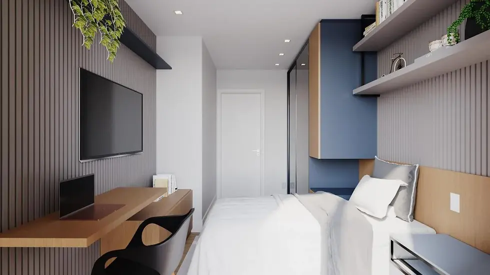 quarto com painel ripado cinza armários azul e portas espelhadas