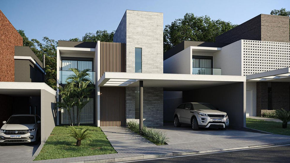 fachada moderna de casas com frisos amadeirados e concreto ripado aparente
