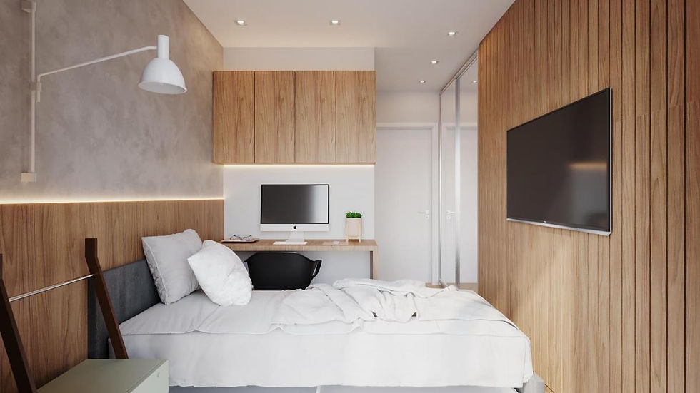 quarto parede em cimento queimado paineis em madeira