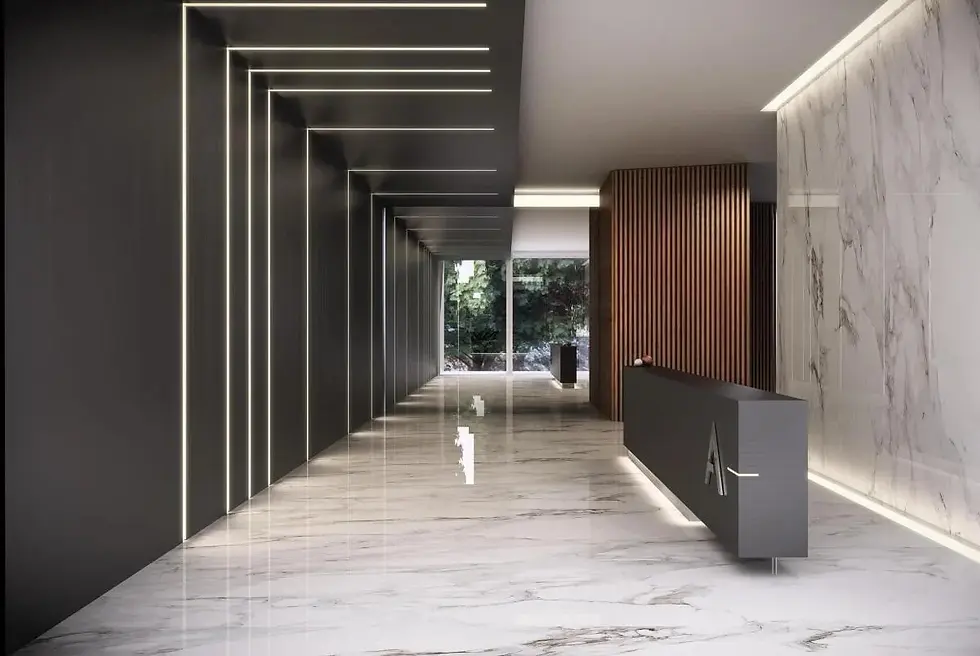 Projeto e planta 3D de hall principal de prédio moderno de apartamentos studio