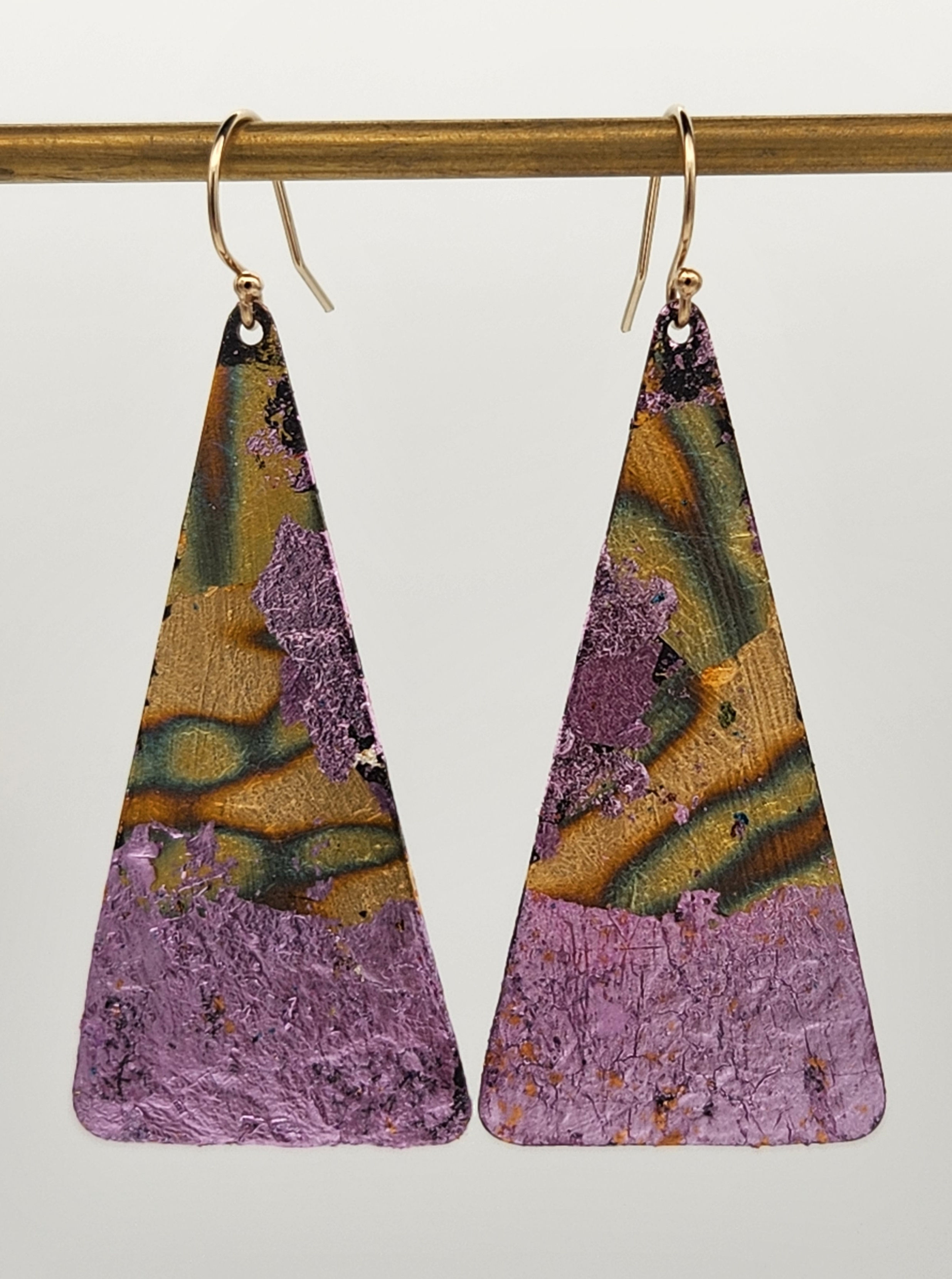 Earrings -  triangle, purple copper (Leslie McMillan, 2023)