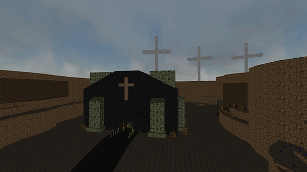 A wide shot of a small canyon. At the bottom left third of the image stands a black cathedral with green stone pillars hugging the side and a massive cross hanging high above the entrance. A black stone path leads away from the cathedral and off the bottom of the image. In the far background stand three white crosses. The sky is slightly overcast.