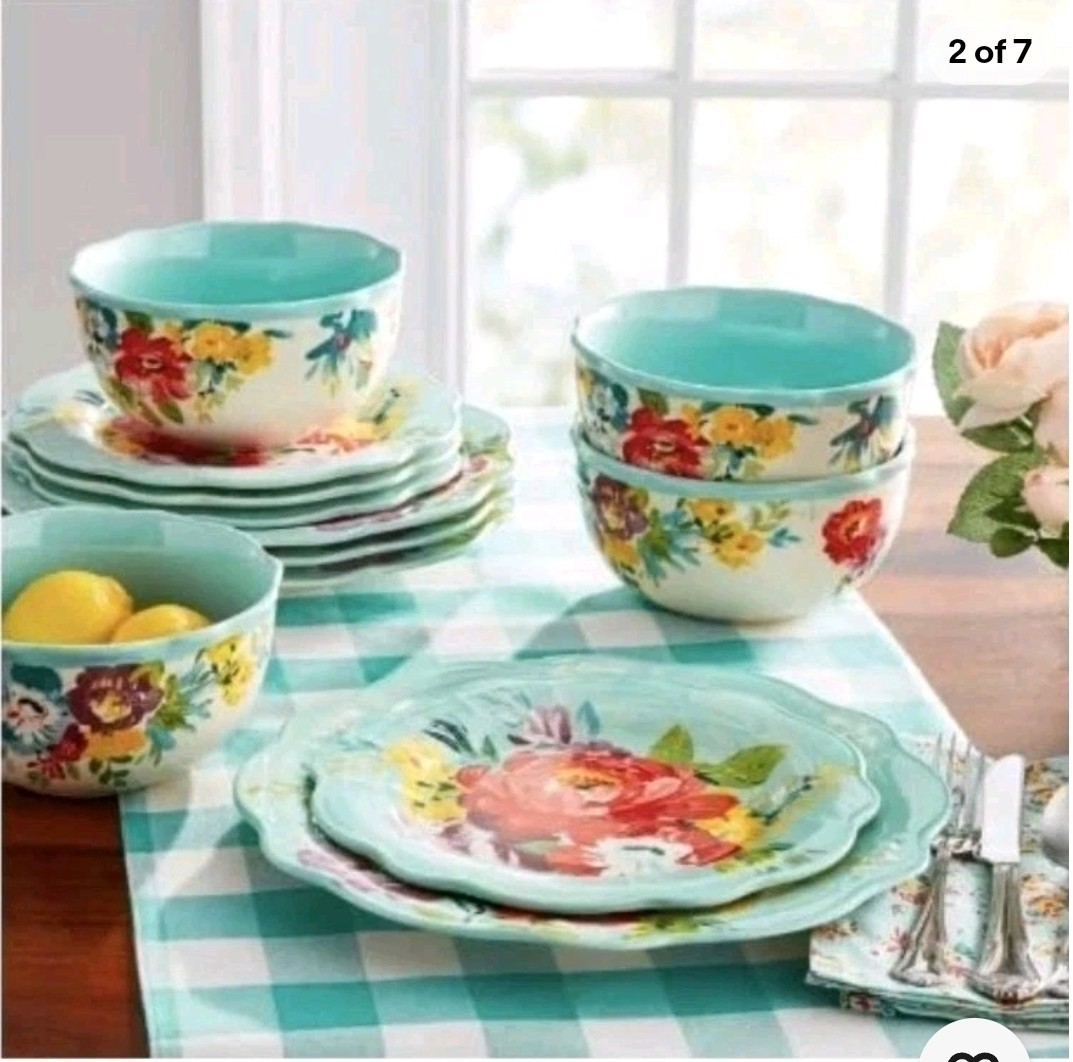 Vintage Floral Teal 12-Piece Dinnerware Set Complete Service Dinner Plates Bowls