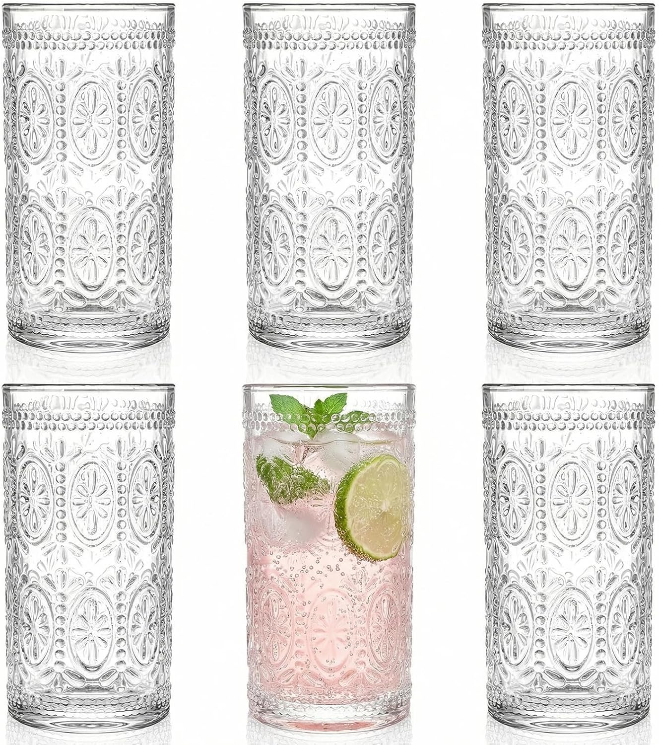 6 Pack Romantic Drinking Glasses, 12 Oz Highball Glasses, Thick Water Glasses, T