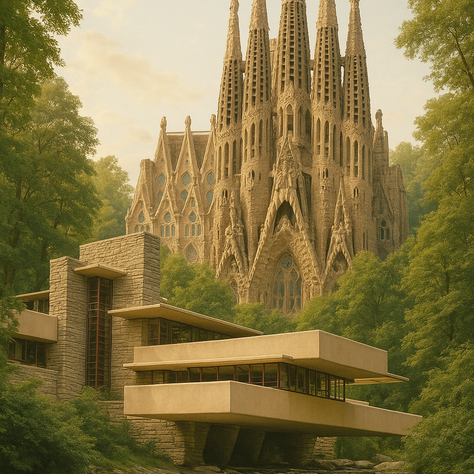 Sagrada Famila and Fallingwater together merged in a natural landscape