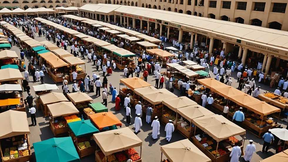High angle view of a bustling Dubai market with various stalls
