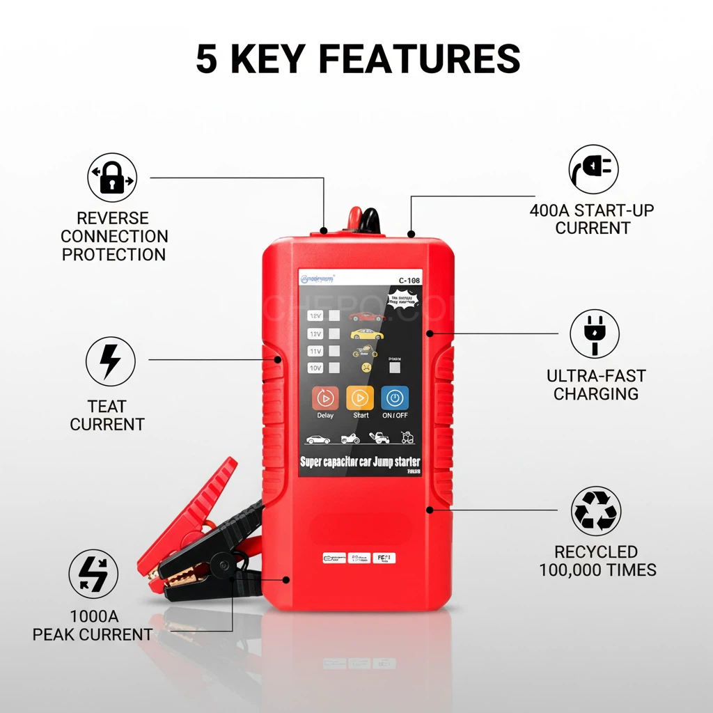 C-108 Supercapacitor Jump Starter | 1000A Battery-Free Emergency Starter