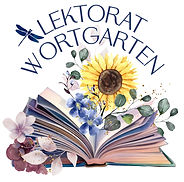 Der Schriftzug "Lektorat Wortgarten" über einem geöffneten liegenden Buch, aus dem Blumen wachsen, mittig eine Sonnenblume