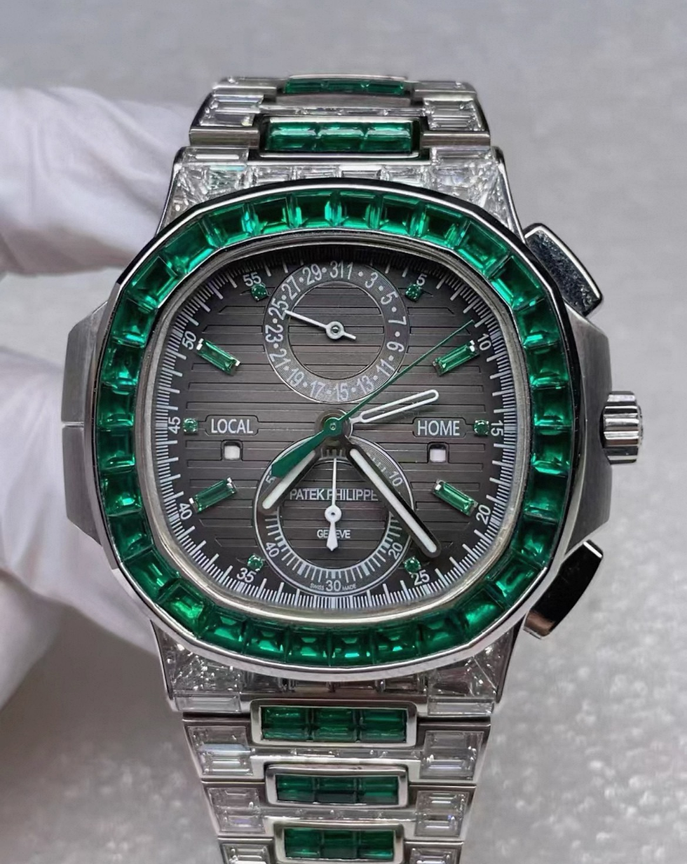 Luxury replica watch customization with emerald bezel.