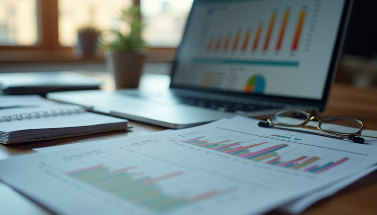 Vista a la altura de los ojos de un espacio de trabajo ordenado con un ordenador portátil que muestra software de contabilidad y documentos financieros.