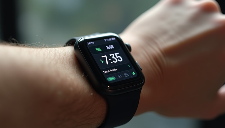 Eye-level view of a smartwatch displaying fitness tracking data on a wrist