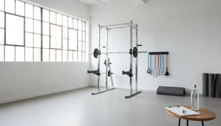 Wide-angle view of a small gym studio prepared for a personal trainer assessment