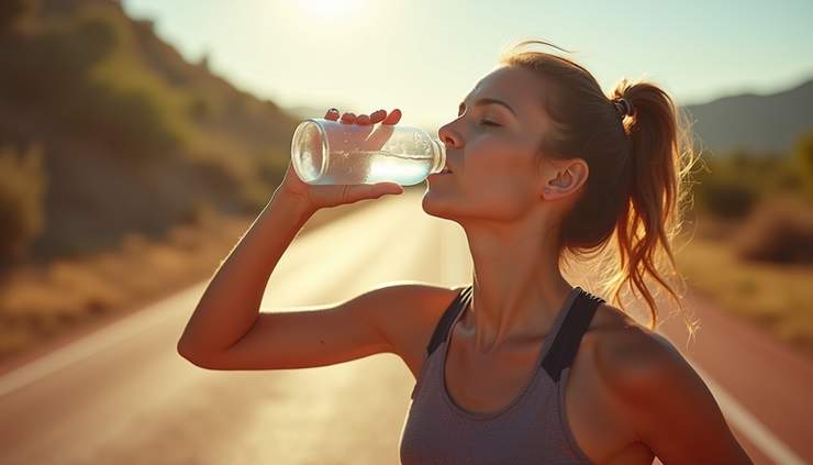 Eye-level view of a runner hydrating during a hot outdoor training session
